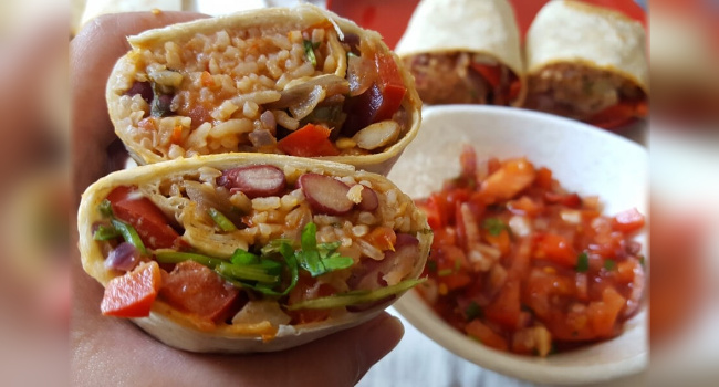 Vegan Burrito with bean rice & mushrooms