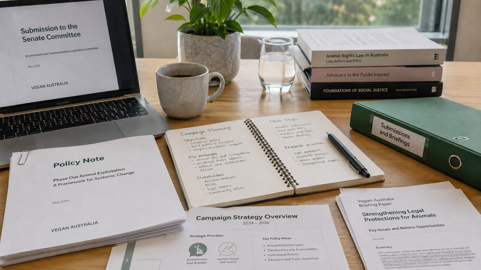 Desk with policy documents, notes, a laptop and a green folder, representing Vegan Australia's campaign planning and advocacy work.
